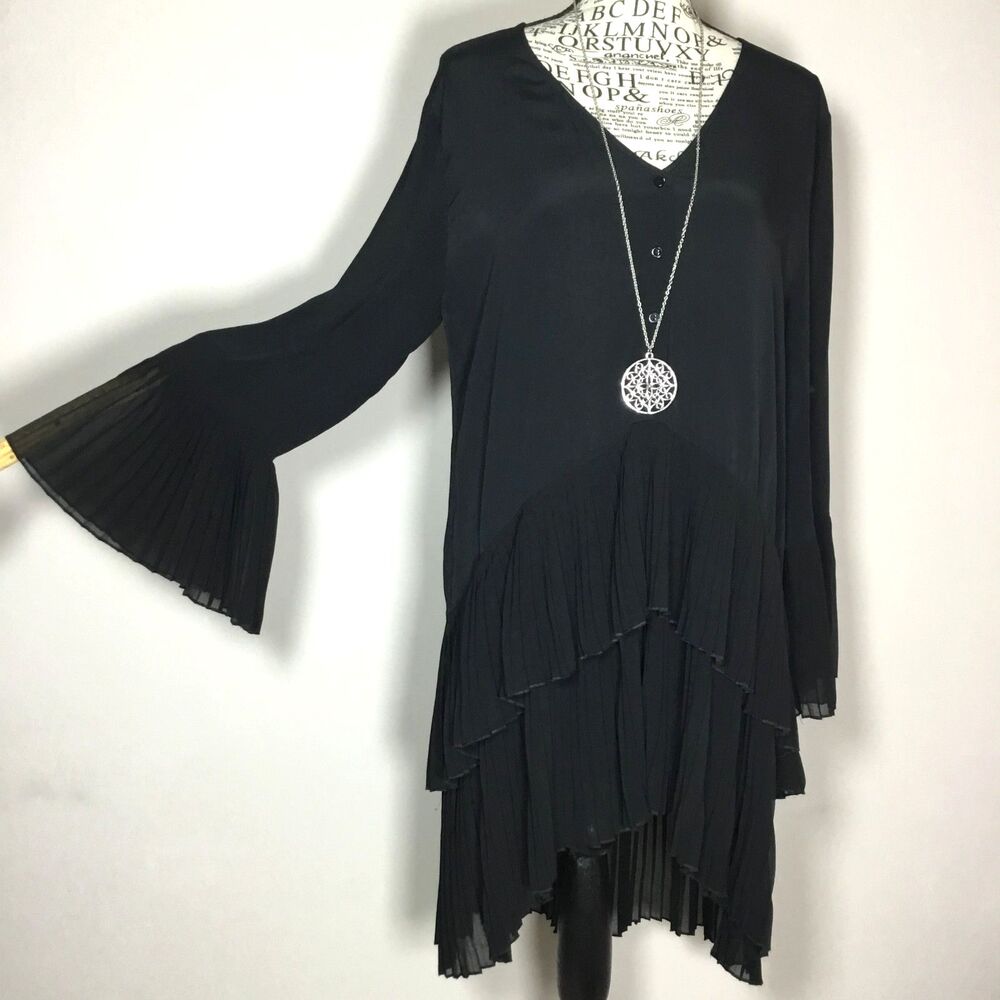 Black bell 3/4 sleeve pleated tunic dress pleated layers high low witchcore L